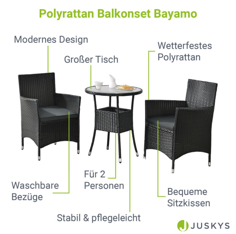Polyrattan Balkon-Set Bayamo Schwarz-Grau